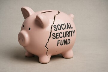 Social security dilemma. A cracked piggy bank labeled 'Social Security Fund' symbolizes financial concerns.