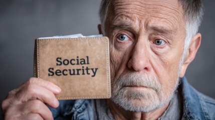 Social security dilemma. Elderly man holding a wallet labeled "Social Security," expressing concern and seriousness.
