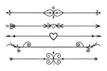 Collection of five decorative ornamental black dividers and separators with arrows and hearts