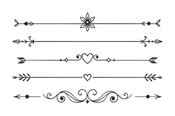 Collection of five decorative black line dividers with arrows hearts and floral elements