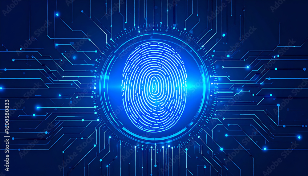 Poster digital fingerprint surrounded by circuit patterns, symbolizing security, technology, and identity v
