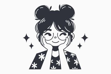 Smiling Asian cartoon girl in glasses with flower shirt rests her face on hands