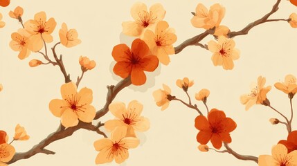 Vibrant orange floral seam pattern on beige fabric, a detailed textile design beige