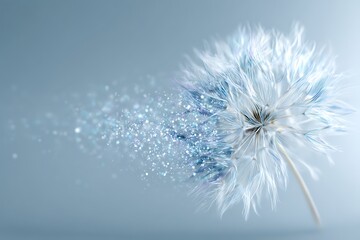 Delicate dandelion seed head dissolving into a swirl of blue water droplets