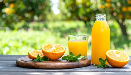 Fresh orange juice in a glass and bottle with orange slices and mint leaves on a wooden tray, set outdoors in a sunny orange orchard.