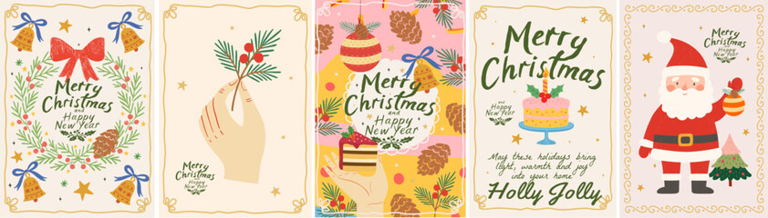 2026. Merry Christmas and Happy New Year! Cute vector illustrations of Santa Claus, Christmas tree toy, hand holding fir branch, cake, lettering and wreath and pine cone for greeting card,  poster