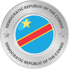 Democratic Republic of the Congo flag in silver colored medal. National flag in metal circle emblem.