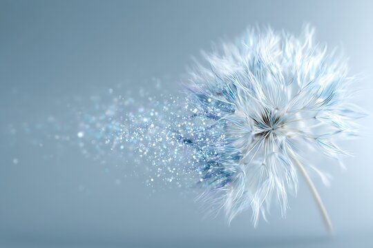 Delicate dandelion seed head dissolving into a swirl of blue water droplets