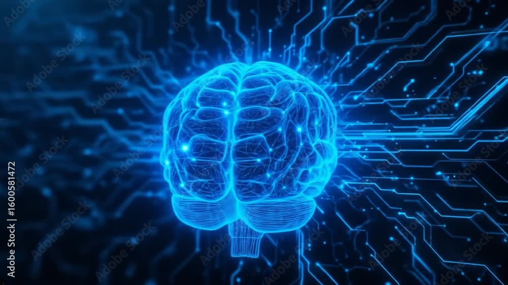 Poster animated glowing brain with circuit board background, technology and artificial intelligence concept
