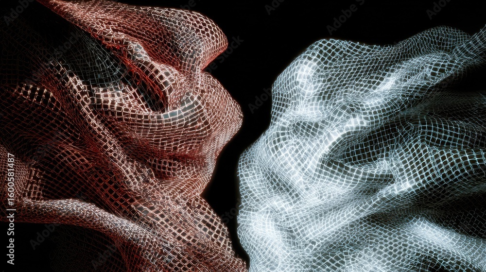 Poster red and white fabrics with a grid texture create a visual contrast, symbolizing the different stages
