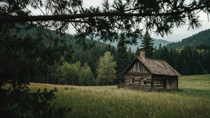 Fototapeta premium Rustic timber house surrounded by meadow and pine trees, viewed through evergreen branches. Serene and atmospheric springtime mountain setting. Deserted woodland dwelling.