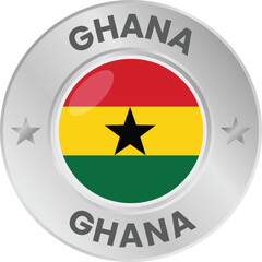 Ghana flag in silver colored medal. National flag in metal circle emblem.