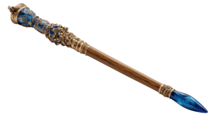 Magic weapon made from sacred old wood and brilliant blue quartz-like gemstone for enchantment themes on transparent background