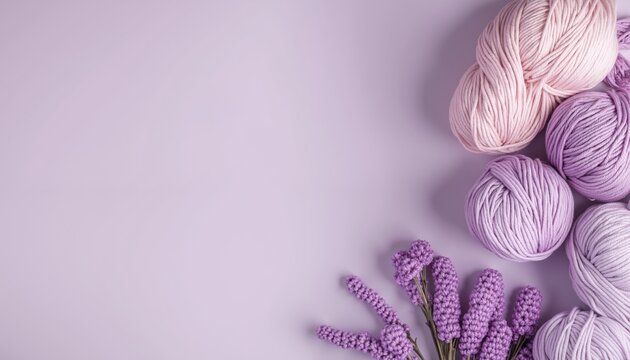 Purple lavender yarn skeins with decorative flowers arranged on lilac background. Soft wool crafting materials with botanical elements creating elegant knitting composition