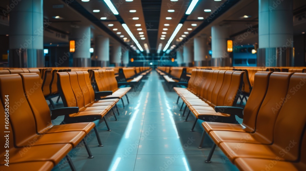 Poster a wide shot of an empty airport waiting area featuring rows of orange seats illuminated by soft, blu