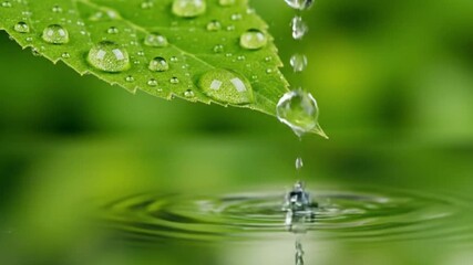 Green leaf with droplets and a ripple in water - Powered by Adobe