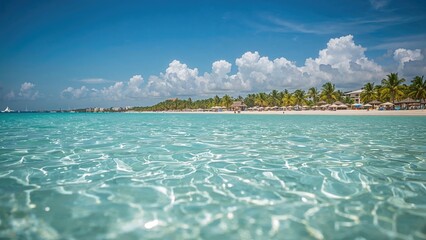 Beachfront scenery displaying vivid turquoise ocean and clean white sands bathed in warm sunlight.