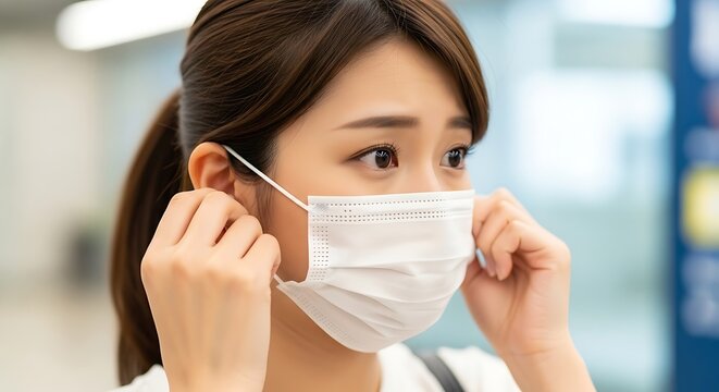 Anxious young Asian woman putting on a disposable face mask for health protection in a public space, looking worried