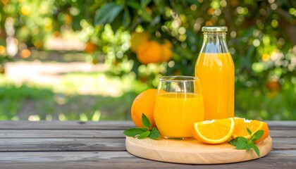 Fresh orange juice in a glass and bottle with orange slices and mint leaves on a wooden tray, set outdoors in a sunny orange orchard.