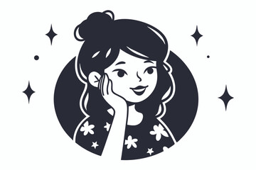 Smiling girl with floral shirt thoughtfully rests her face in a stylized monochrome image