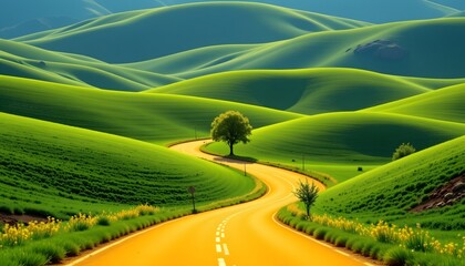 Fototapeta premium bright yellow road surrounded by unnaturally smooth green hills, single abstract tree.