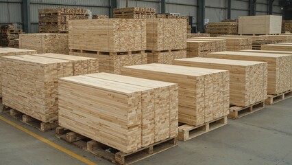 Freshly sawed wooden boards stacked on pallets in an outdoor manufacturing area.