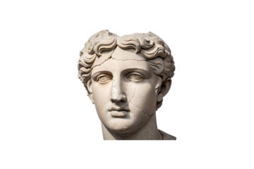 Ancient weathered marble head showing cracks and age with curly hair detail, isolated on a transparent background