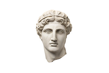 Classical marble head with elaborate curly hair and idealized ancient Roman features, isolated on a transparent background