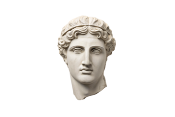 Classical marble head with elaborate curly hair and idealized ancient Roman features, isolated on a transparent background