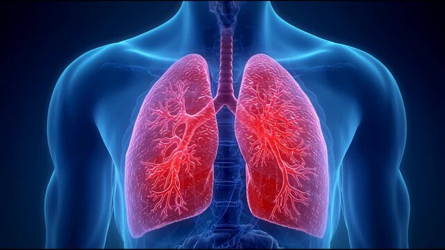 High-tech 3D animation shows human lungs and trachea in glowing red with clear, branching airways, visualizing breath and respiratory function. Perfect for medical, science, anatomy, or healthcare vid