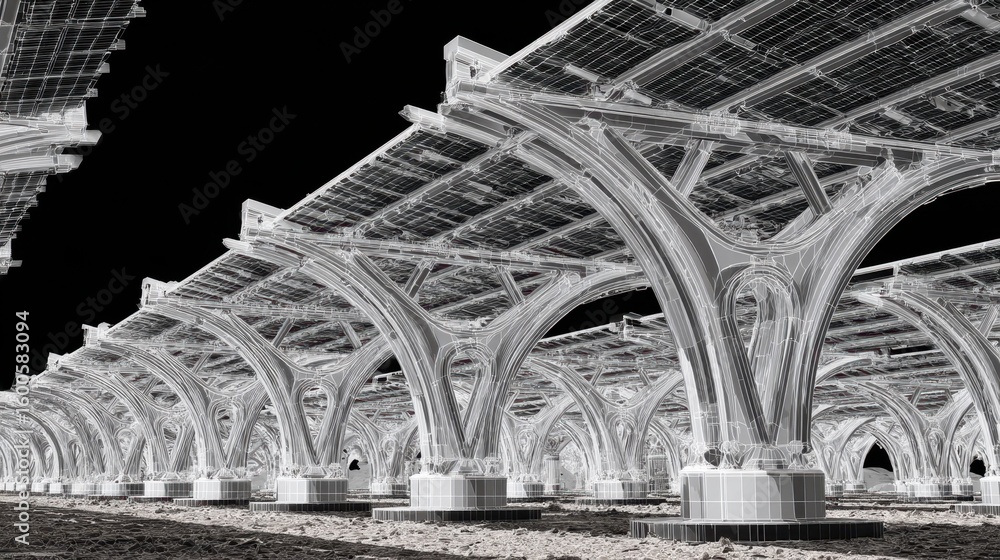 Poster wireframe model showcases innovative arched support structures for solar panels, integrating photovo