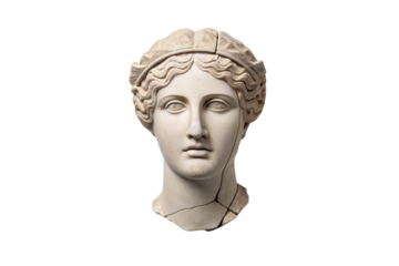 Weathered ancient stone bust with ornate headband showing fine classical sculpting detail and historical artistry, isolated on a transparent background
