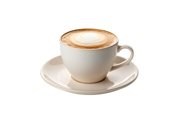 Obraz premium Perfect cappuccino in white ceramic cup with rich foam and golden crema on matching saucer, isolated on a transparent background