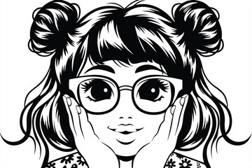 Young woman with two buns wearing eyeglasses holds her face in black and white