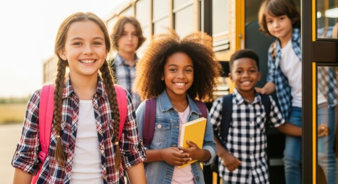 Diverse group of happy children with backpacks boarding a school bus