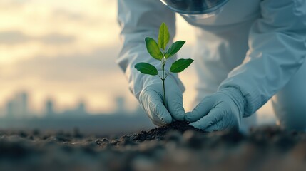 Hands in medical gloves protecting green plant seedling in soil with laboratory equipment background. Healthcare professional nurturing nature growth. Environmental science for research facility
