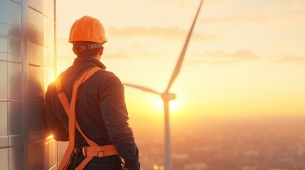 Construction worker in orange safety gear looking at wind turbines during golden sunset. Engineer inspecting renewable energy installation at industrial facility. Clean power for environmental service