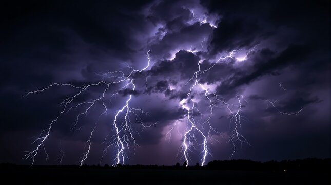 Dramatic Night Sky Illuminated by Multiple Powerful Lightning Strikes During a Severe Electrical Thunderstorm, Capturing Nature's Raw Force and Omi...