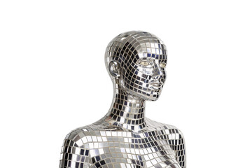 Profile view of chrome male mannequin head and torso with disco ball mirror tile surface, isolated on a transparent background
