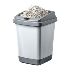 White and gray paper shredder bin with shredded paper isolated on transparent background