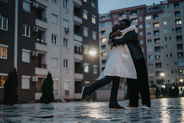 Captured in a modern residential area at dusk, a couple embraces warmly, expressing mutual...