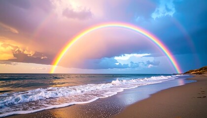 Rainbow arches over a beach