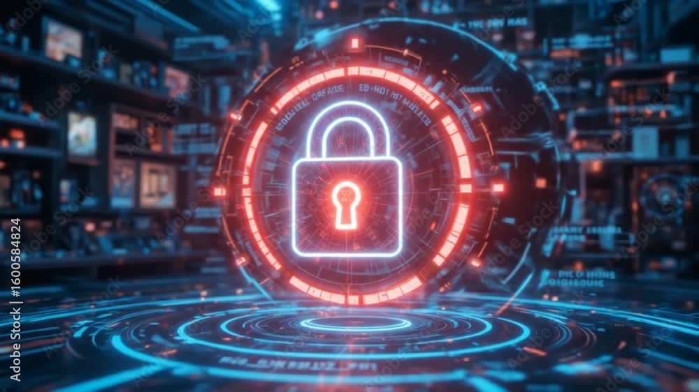 Poster cybersecurity concept with futuristic glowing padlock on digital background animation