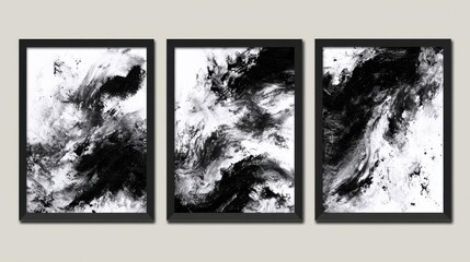 Monochromatic mastery, three black and white abstract paintings adorning a wall