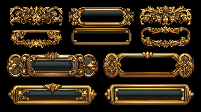 Game ui frames, gold medieval menu elements, buttons or banners with golden ornate rims. Empty royal gui bars for rpg or arcade, glossy borders, web design interface Cartoon 2d vector illustration