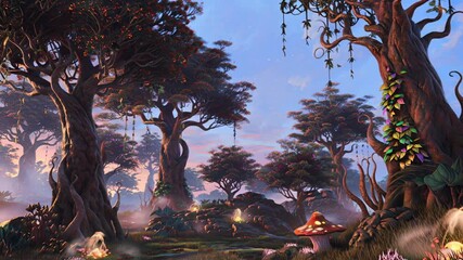 Enchanted forest clearing with glowing flora and mystical trees at twilight - Powered by Adobe