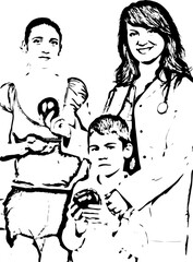 Doctor woman giving apples to a family