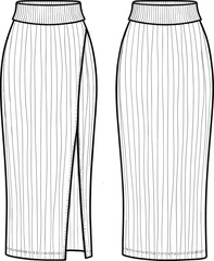 Elegant pencil skirt fashion sketch front and back views, slit and waistband detail, technical layout, cad drawing flat vector illustration