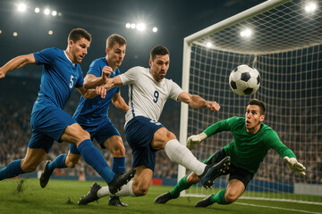 Photorealistic group of male soccer players fighting for ball near goal with diving goalkeeper and flying turf. Concept of summer sport, intensity, teamwork, pressure, and elite football performance.