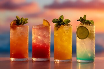 Four refreshing tall cocktails with fruit garnishes set against a vibrant sunset sky background